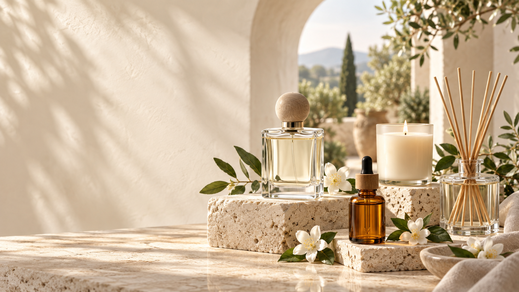 Botanical fragrance vessels arranged with jasmine and stone