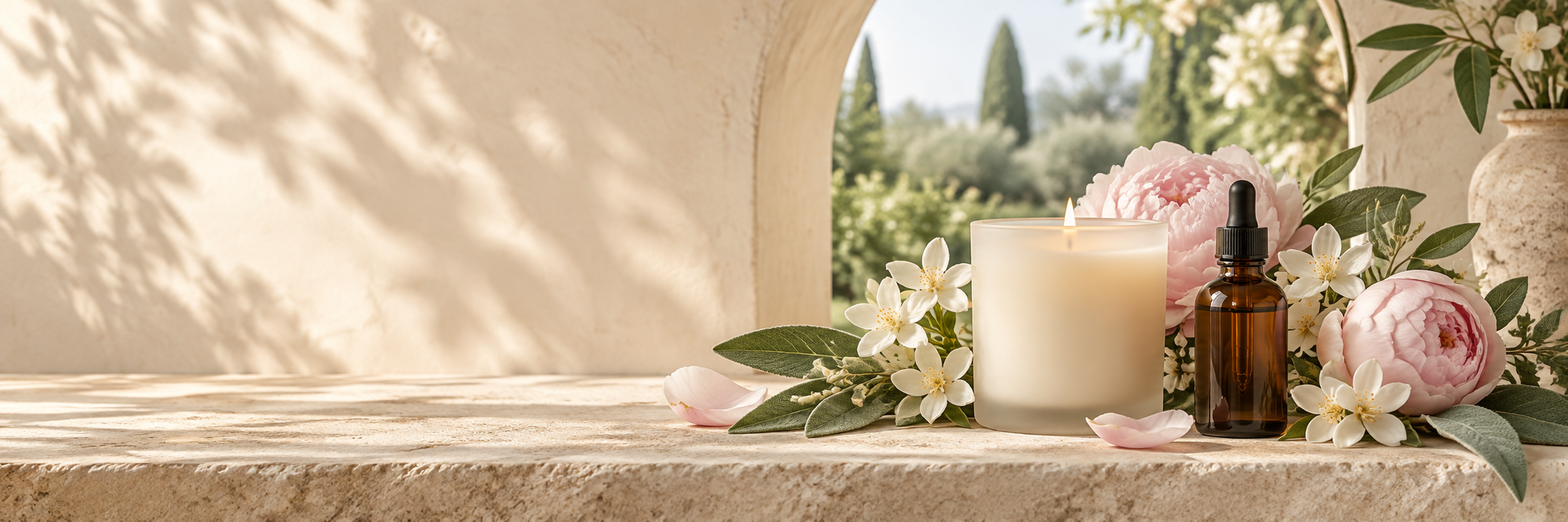 Spring botanicals with unbranded candle and amber fragrance bottle