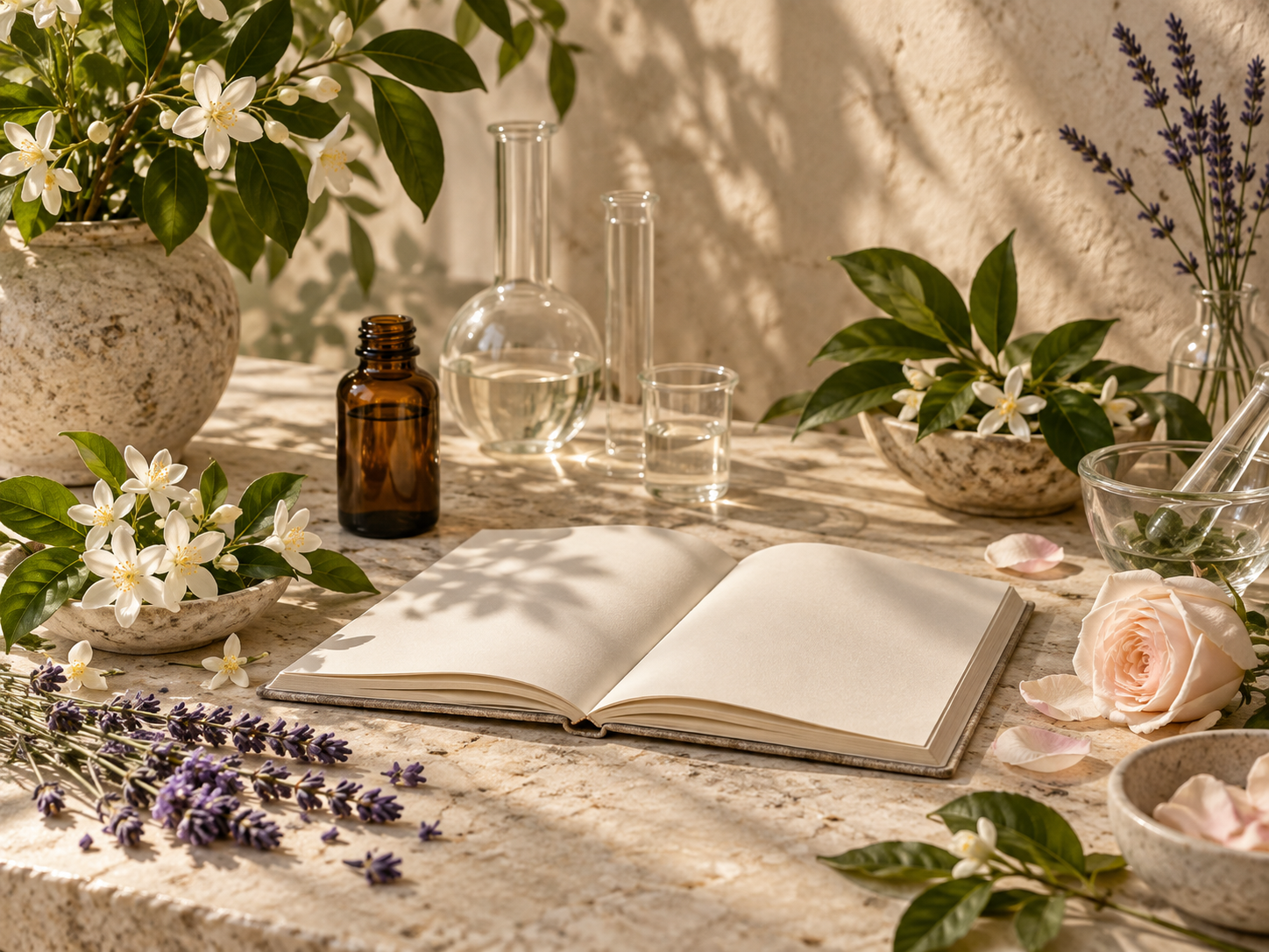 Botanical fragrance studio with jasmine, lavender, and glassware